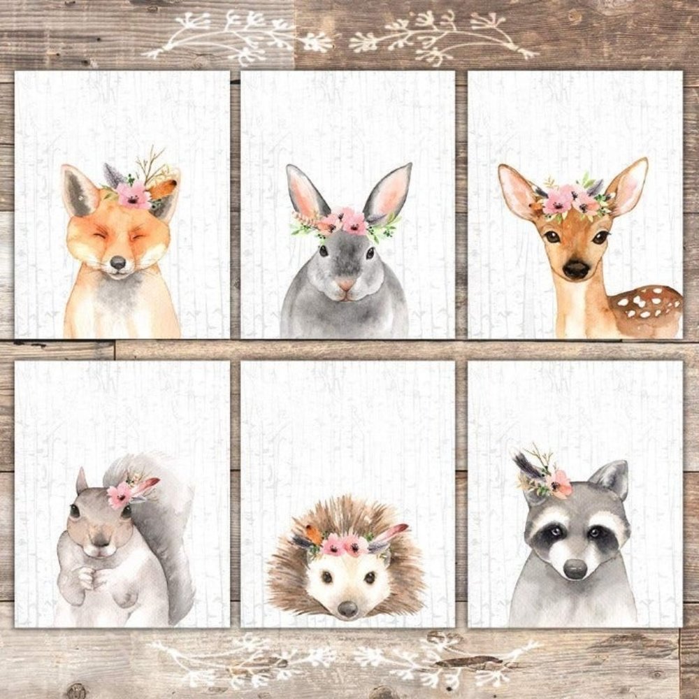 Nursery Wall Prints Set 6 Wood Animals